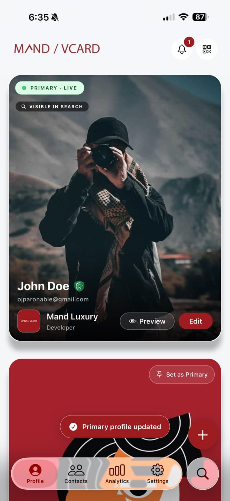 MAND/VCARD app screen